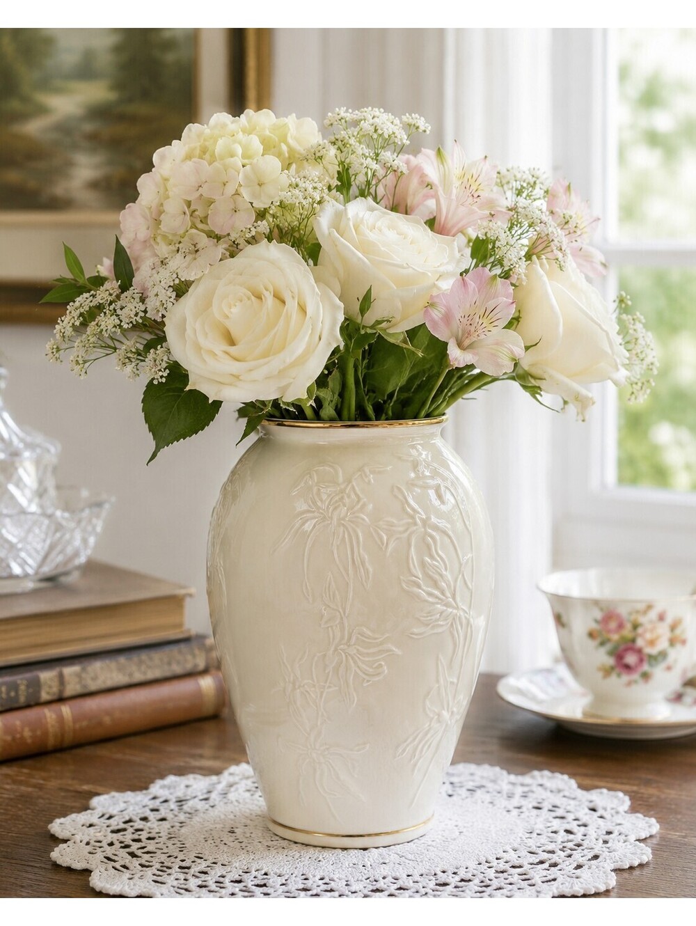 Vintage Lenox Masterpiece Ivory Embossed Floral Vase Gold Trim USA 7"
